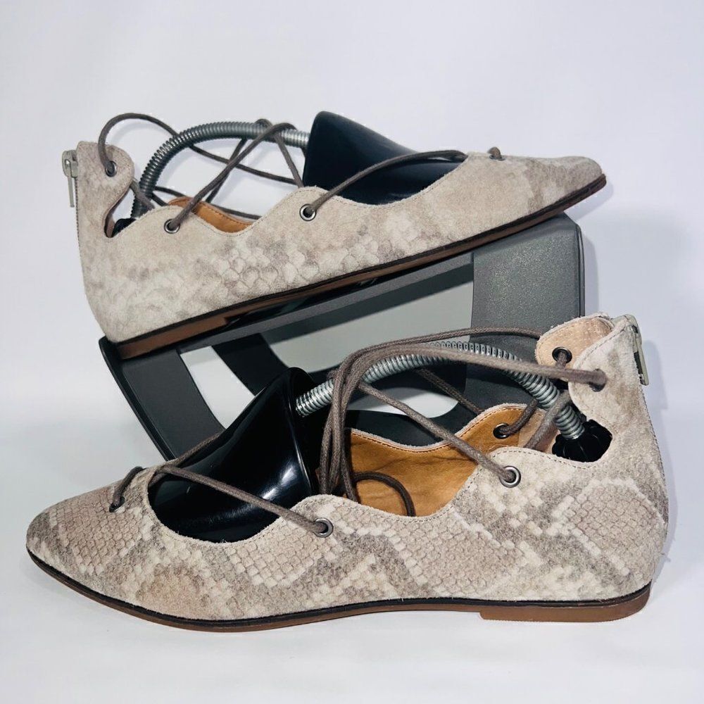 Lucky Brand‎ Billoh Snake Print Suede Pointed Toe Lace-up Flats Women's 7